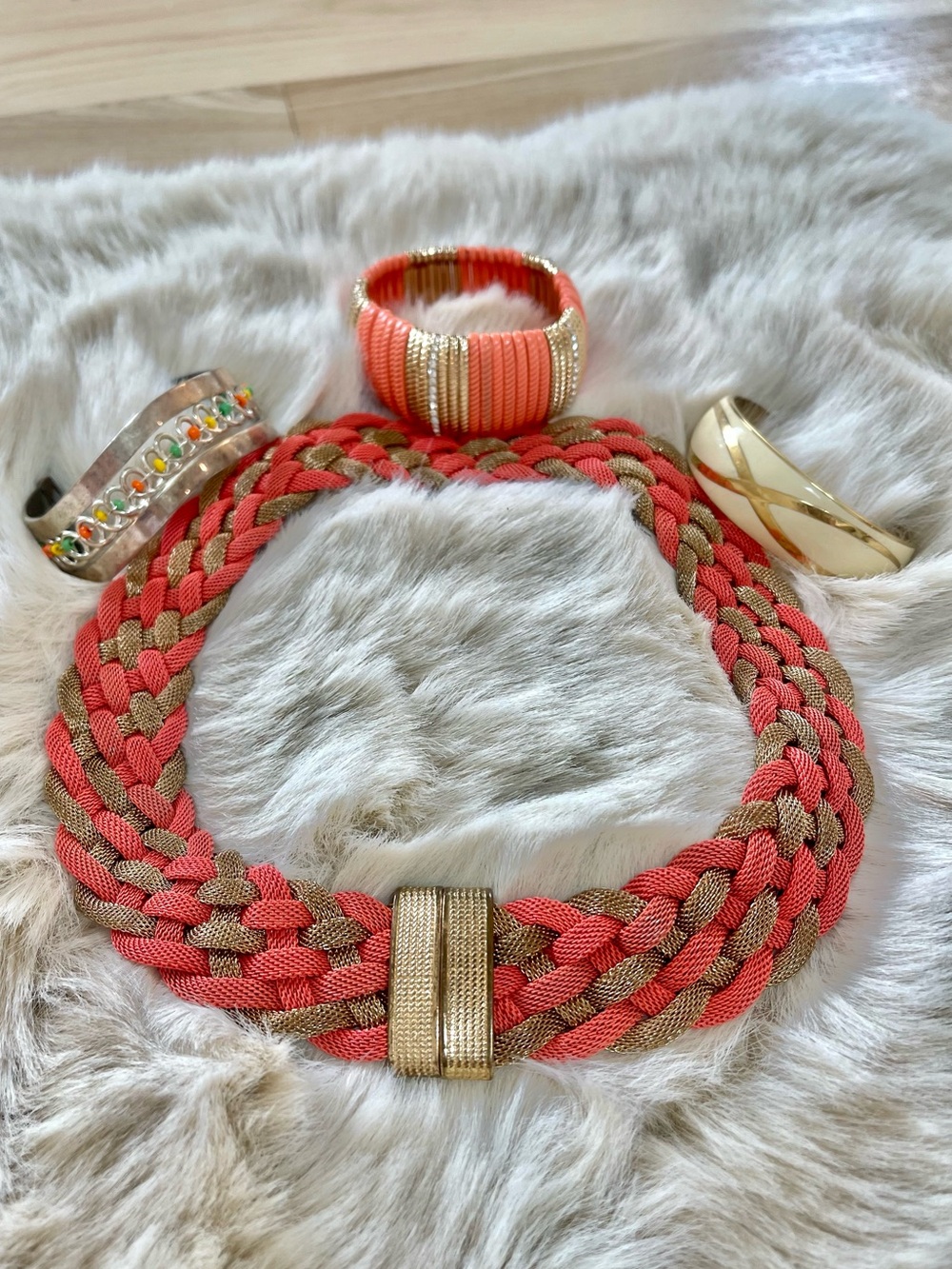 Braided Coral and Tan Statement Necklace with bundle of coordinating bracelets